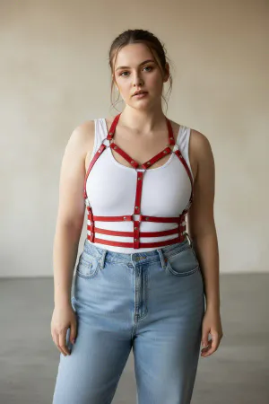 Red Faux Leather Strappy Chest Waist Body Harness for Women