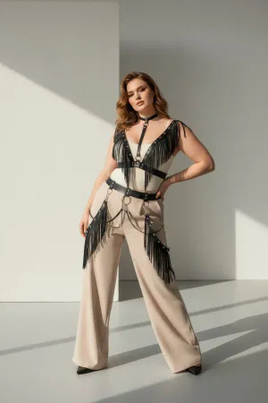 Black Fringed Faux Leather Body Harness with Choker and Waist Chains