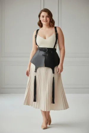 Black Faux Leather Peplum Waist Harness with Tassel Garters Front View