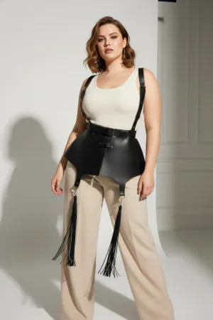 Black Faux Leather Peplum Waist Harness with Tassel Garters Front View