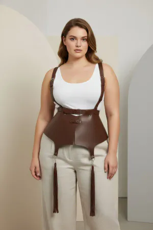 Brown Faux Leather Corset Harness with Tassels and Shoulder Straps