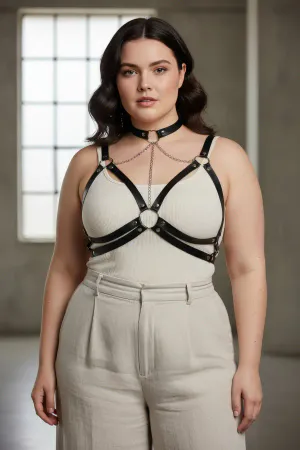 Black Faux Leather Caged Chest Harness Choker Detachable Body Chain