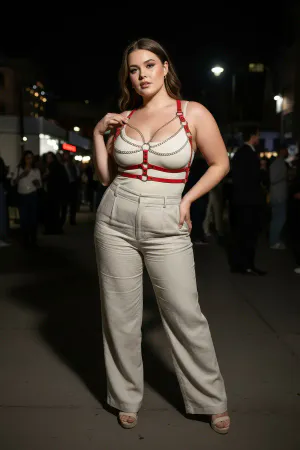 Red Faux Leather Chest Harness with Draped Chains Over White Tank Top