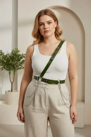 Dark Green Faux Leather Body Harness with Chains Waist and Chest Straps