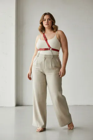Red Faux Leather Single Shoulder Body Harness with Studs Worn by Plus-Size Woman