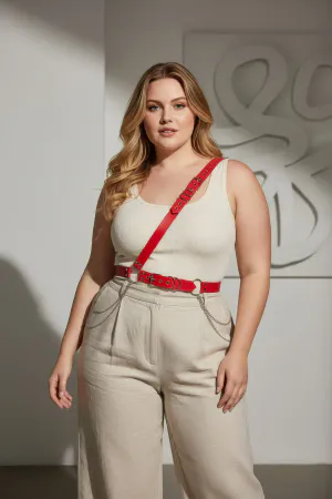 Red Faux Leather Single Shoulder Body Harness with Studs Worn by Plus-Size Woman