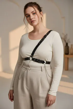 Black Faux Leather Single Shoulder Harness Belt Women with Chains