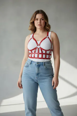 Red Caged Faux Leather Bustier Harness Women Adjustable Straps