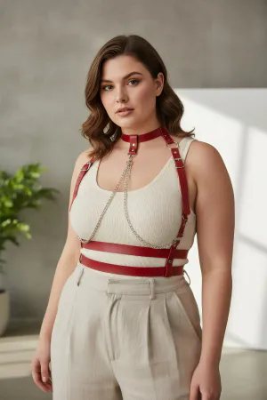 Red Faux Leather Chest Harness with Choker and Draped Chains on Woman