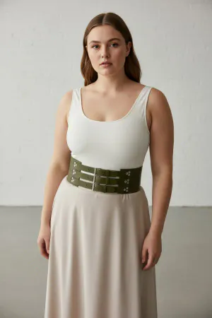 Dark Green Triple-Strap Vegan Leather Waist Harness with Silver Studs