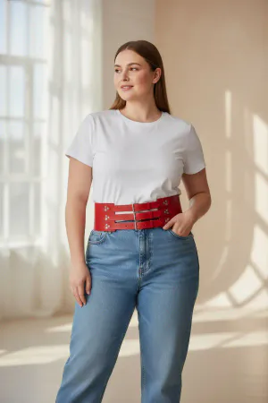 Red Faux Leather Wide Waist Cinch Harness Belt on Plus Size Model