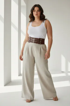 Cognac Faux Leather Waist Cinch Corset Triple Buckle Front View