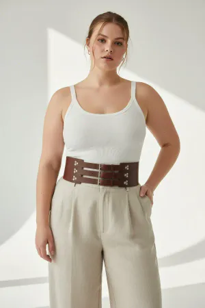 Cognac Faux Leather Waist Cinch Corset Triple Buckle Front View