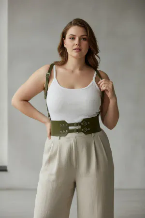 Olive Green Faux Leather Waspie Harness Belt with Shoulder Straps