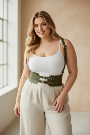 Olive Green Faux Leather Waspie Harness Belt with Shoulder Straps