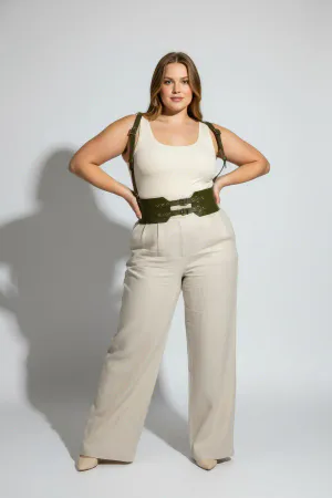 Olive Green Faux Leather Waspie Harness Belt with Shoulder Straps