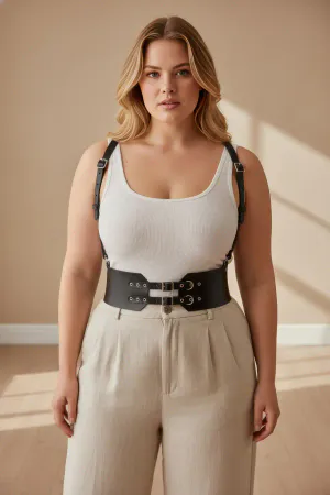 Black Faux Leather Wide Waist Harness Women Adjustable Buckle Straps