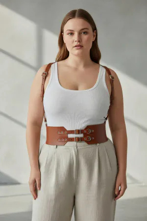 Tan Faux Leather Waist Cincher Harness with Double Buckles and Shoulder Straps
