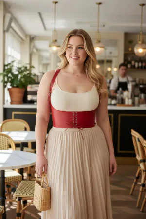 Red Faux Leather Corset Belt with Shoulder Straps Front View