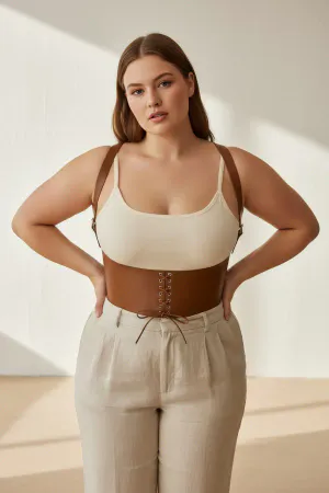 Tan Faux Leather Underbust Corset Harness with Shoulder Straps