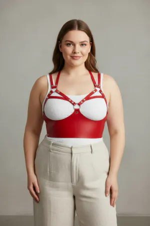 Red Faux Leather Chest Harness Bra with Silver Studs Worn Over White Top