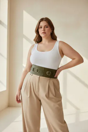 Khaki Vegan Leather Wide Waspie Waist Belt Double Buckle