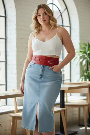 Red Faux Leather Wide Waist Harness Double Buckle Women
