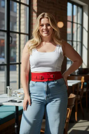 Red Faux Leather Wide Waist Harness Double Buckle Women