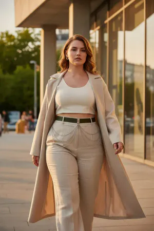 Dark Green Faux Leather Waist Belt with Draping Silver Chains worn on model over neutral trousers