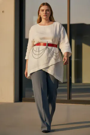Red Faux Leather Waist Belt with Draped Silver Chains Worn Over White Tunic