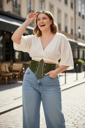 Khaki Faux Leather Waspie Waist Cincher Studded Plus Size Model