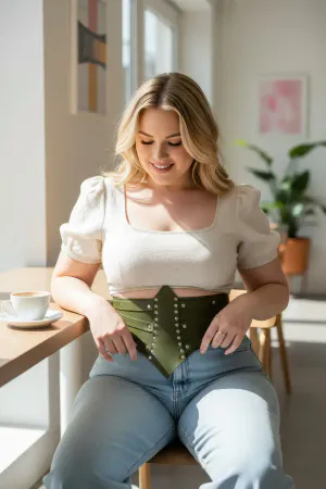 Khaki Faux Leather Waspie Waist Cincher Studded Plus Size Model