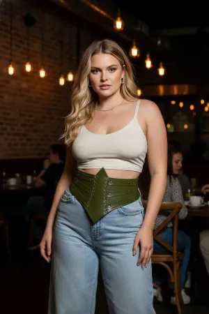 Khaki Faux Leather Waspie Waist Cincher Studded Plus Size Model