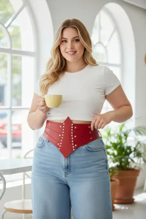 Red Studded Faux Leather Waist Harness Belt with Pointed Front
