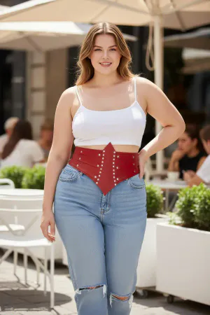 Red Studded Faux Leather Waist Harness Belt with Pointed Front