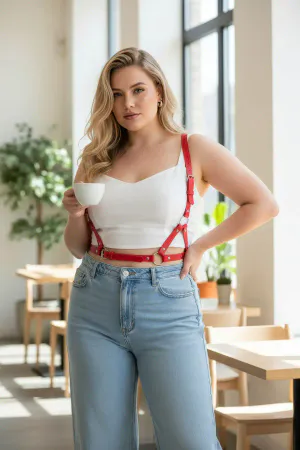 Red Faux Leather Strappy Underbust Harness Plus Size Model