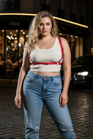 Red Faux Leather Strappy Underbust Harness Plus Size Model