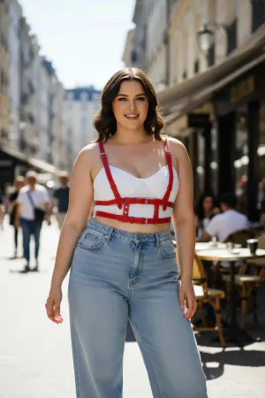 Red Faux Leather Caged Underbust Harness Top worn over white crop top and jeans