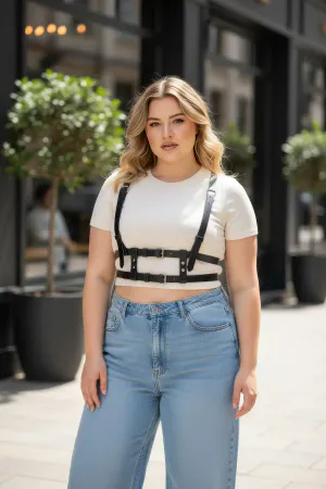 Black Faux Leather Chest Harness Women Adjustable Buckle Details