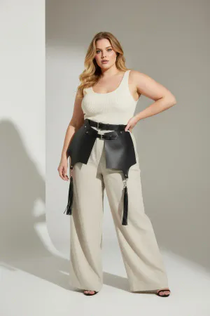 Black Faux Leather Waist Harness with Wide Skirt Panels and Tassels on model