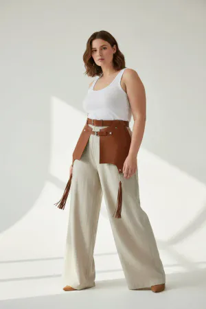 Tan Faux Leather Waist Harness Women Wide Panels Tassels Adjustable Straps
