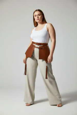 Tan Faux Leather Waist Harness Women Wide Panels Tassels Adjustable Straps