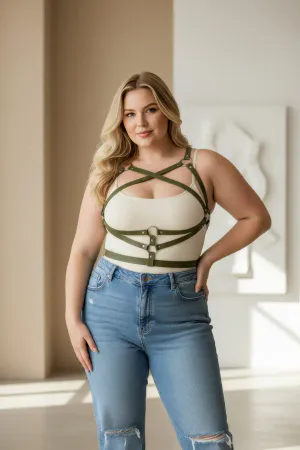 Olive Green Faux Leather Chest & Waist Harness Criss-Cross Adjustable Straps
