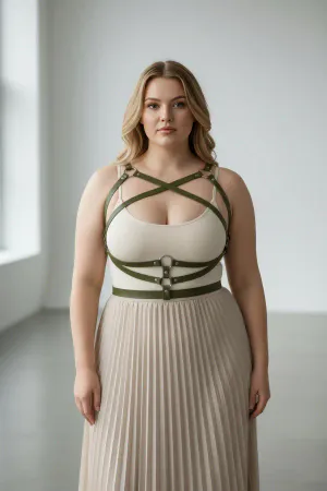 Olive Green Faux Leather Chest & Waist Harness Criss-Cross Adjustable Straps