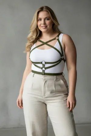 Olive Green Faux Leather Chest & Waist Harness Criss-Cross Adjustable Straps