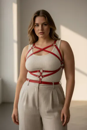 Red Faux Leather Crisscross Body Harness with O-Rings on a Woman