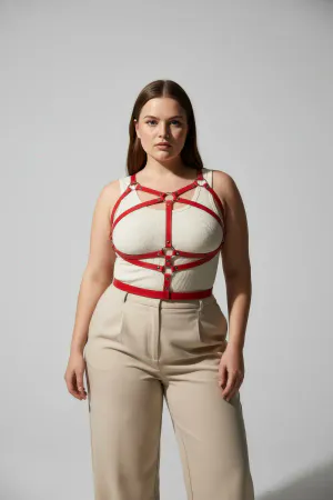 Red Faux Leather Crisscross Body Harness with O-Rings on a Woman