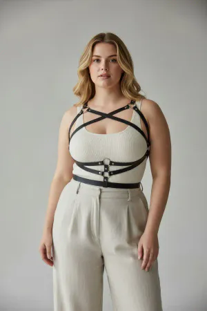 Black Faux Leather Crisscross Body Harness Women Adjustable Waist
