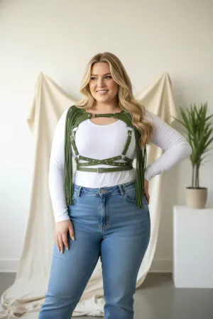 Olive Green Fringed Chest Harness Studded Vegan Leather
