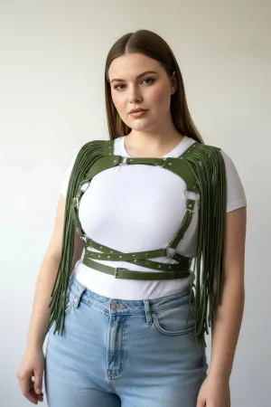 Olive Green Fringed Chest Harness Studded Vegan Leather